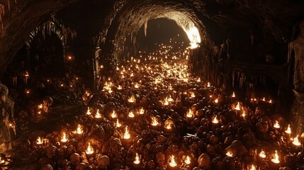 Illuminated Cave of Skulls: A Dark Fantasy Scene