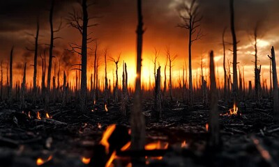 Burnt forest landscape sunset with fire - Powered by Adobe