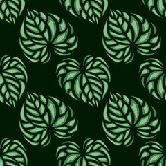 Seamless vector pattern with stylized green leaves on a dark background, creating a lush and exotic jungle feel.