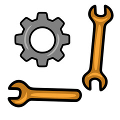 Vector illustration of a grey gear and two orange wrenches, playfully arranged against a white background, showcasing a cartoonish style with bold outlines.