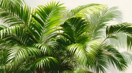 Lush green vibrant tropical palm leaves close up showcasing detailed texture and vibrant color against a bright neutral background.