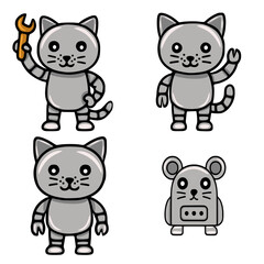 Adorable vector illustration of four cute robotic animals: two grey cats, one holding a wrench, another waving, and a small robot mouse, all with friendly expressions and metallic bodies.