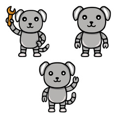 Adorable Vector Illustration of Three Friendly Robot Dogs in Different Poses: One Holding a Wrench, One Standing, and One Waving.