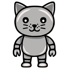 Adorable vector illustration of a friendly robotic cat with grayscale color palette, featuring segmented limbs and a cartoonish design, perfect for childrens products or playful branding.