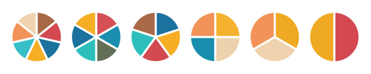 Pie chart color icons. Circle section graph. 1, 2, 3, 4, 5, 6 segment infographic. Wheel round diagram part symbol. Circle division infographic icon set. Segment slice sign. Pie chart set