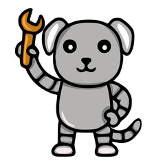 Adorable vector illustration of a cute robotic dog holding a wrench, showcasing a unique blend of playful and mechanical aesthetics.