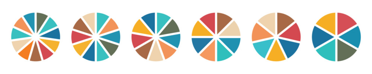 Pie chart color icons. Circle section graph. 6,7,8,9,10,11 segment infographic. Wheel round diagram part symbol. Segment slice sign. Wheel division into fractions, sectors. Vector illustration