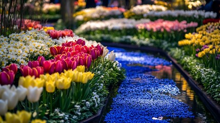 Vibrant Spring Blooms Bordering a Serene Blue Waterway