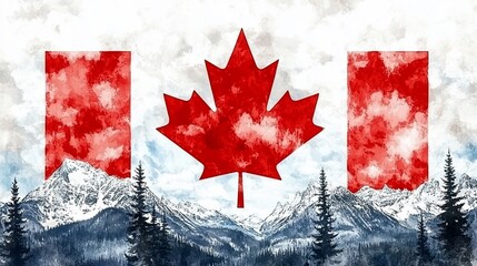 Canadian Landscape Watercolor: Maple Leaf and Mountains