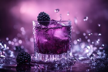 Purple drink with ice and blackberry garnish in a glass.