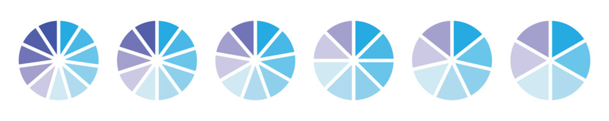 Set of pie charts diagrams. Circle section graph. Different color circles. donut and pie chart infographic elements. Colorful diagram graphs. Pie chart divided 1,2,3,4,5,6,7,8,9,10,11,12 equal parts 