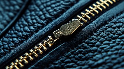 Close-up of Luxurious Dark Blue Leather Zipper Texture