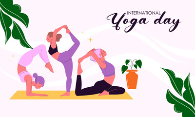 International Yoga Day Flat Hand Drawn Illustration with Woman Performing Yoga Poses. Perfect for Banner, Background, Poster, Wellness Campaigns, Yoga Promotions, Ad Templates, and Digital Content.