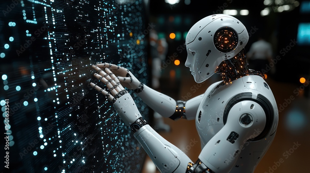 Poster advanced ai, robot interacting with digital data