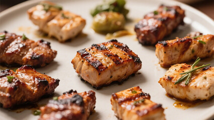 Grilled Chicken and Meat Skewers on White Plate with Herbs and Seasoning