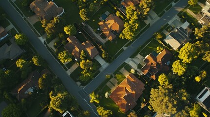 Aerial View of Suburban Neighborhood at Golden Hour