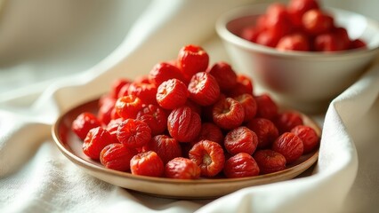Fresh red dried jujube fruits on plates surrounded by white fabric. medicinal herbs and traditional medicine