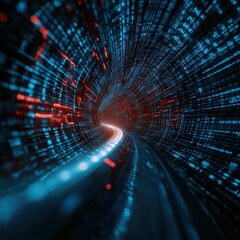 Abstract Digital Tunnel with Flowing Light Effects Representing Speed and Technology in Blue and Red Colors