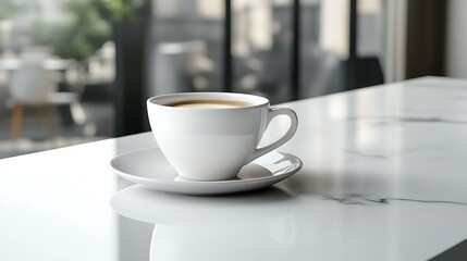 White coffee cup on marble countertop for morning coffee break and caffeine drink photography and beverage