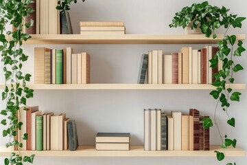 Fototapeta premium Wooden shelves filled with books and plants