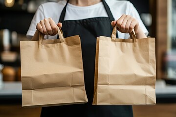 Person holding two brown paper bags