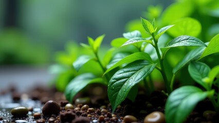 Vibrant green seedlings growing in nutrient-rich soil with water droplets. medicinal herbs and traditional medicine