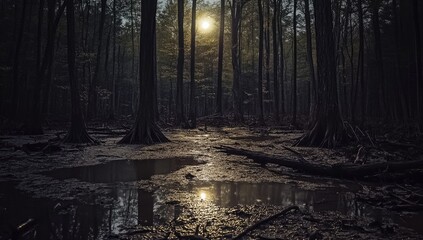 Sunlit swamp forest floor