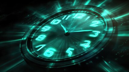 A futuristic teal clock radiating energy, suggesting speed and time's passage