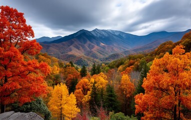 Fiery autumnal vista mountains and clouds