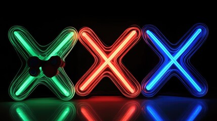 Obraz premium Three illuminated neon X's in green, red, and blue, with a small playful design on the green one