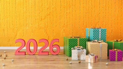 New Year 2026 Creative Design Concept with Gift boxes - 3D Rendered Image	
