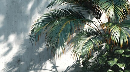 Lush green palm fronds cast shadows on a textured light grey wall creating a serene tropical aesthetic perfect for design projects and backgrounds.