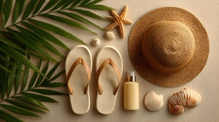 Summer vacation essentials flat lay featu beige flip flops, straw hat, sunscreen lotion, seas, and palm leaves on a sandy background.