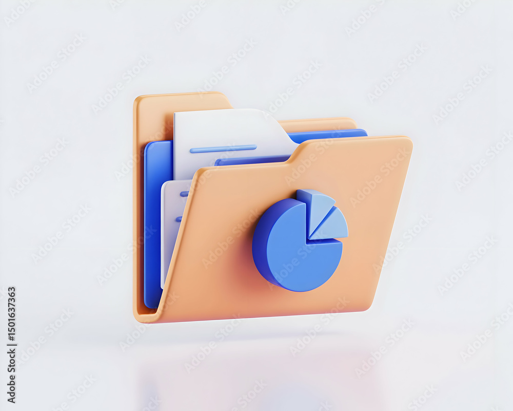 Poster 3d render of a data folder with pie chart icon