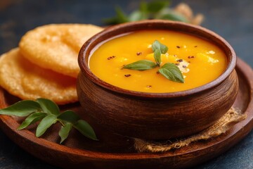 Ripe Mango Pulp Turned into Aamras Served with Fried Indian Bread (Puri)