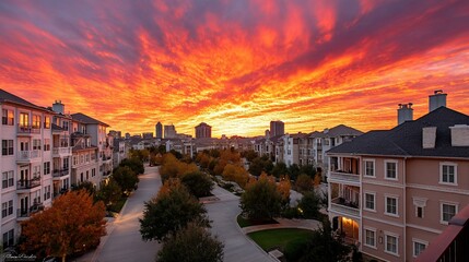 Naklejka premium Fiery sky paints the cityscape