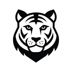 a bold black and white vector illustration of a tiger head on white background.eps