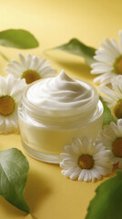 Jar of cream sits serenely surrounded by delicate daisy blossoms, radiating feeling of nourishing purity and luxurious skincare