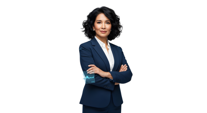Woman in business suit with arms crossed and graph on sleeve against black backdrop isolated on white background, tarensparent background, png, jpg,jpeg,  on transparent background