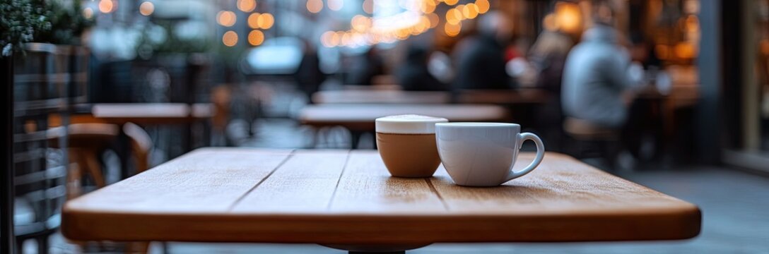 Outdoor cafe table with coffee cups - Powered by Adobe
