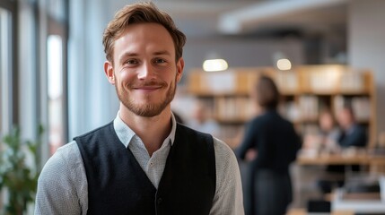 A smiling young man with short, curly hair stands in a modern office space, wearing a dark vest over a light sweater.