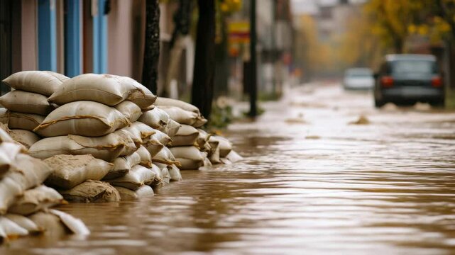 A street in a city after a flood, with sandbags placed along the curb to block off water. A car is parked at one end of the road, and it appears to be an ongoing emergency situation.