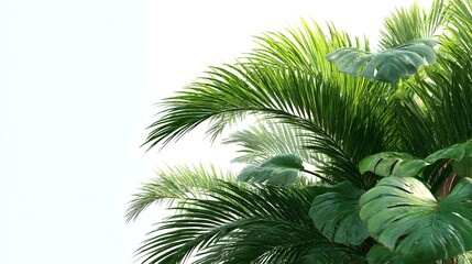 Lush tropical palm leaves and monstera deliciosa plants create a vibrant green foliage background perfect for summer designs and promotions.
