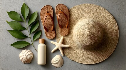 Stylish summer vacation essentials flat lay featu sun hat flip flops sunscreen seas and tropical leaves on grey background.