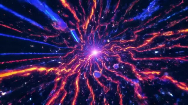 Pixelated warp tunnel with rainbow scanlines, retro aesthetic, zooming forward, computerized background