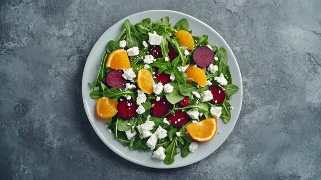 A vibrant and healthy salad served on a plate, featuring arugula, oranges, goat cheese, and other colorful ingredients.
