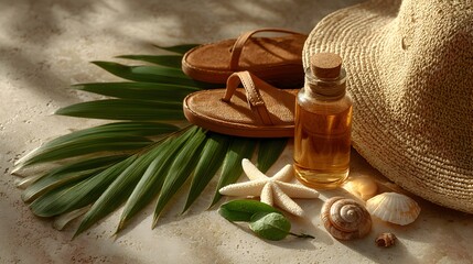 Sun-kissed summer essentials: sandals, straw hat, seas, palm leaves, and a bottle of golden sun oil rest on a beige surface.
