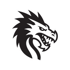 a bold black and white vector illustration of a dragon head on white background.