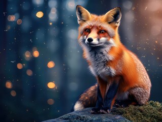 Obraz premium Majestic fox sitting on a mossy rock surrounded by enchanting forest with soft bokeh lights in the background