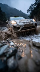 Fototapeta premium Rally car splashing through muddy river in dense jungle terrain reflecting light
